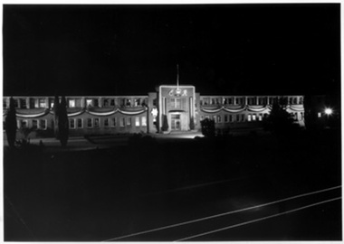 Photograph - Illuminated and decorated Administration Building, perhaps for coronation of Queen Elizabeth II, Early 1950s