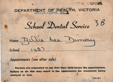 Card - School Dental Service appointment card, Department of Health, School Dental Service, 1967