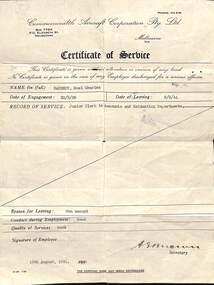 Certificate - Certificate of service Noel Charles BARRETT Commonwealth Aircraft Corporation