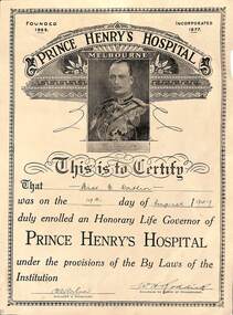 Certificate - Honorary Governor Prince Henry's Hospital, 19 Aug 1949