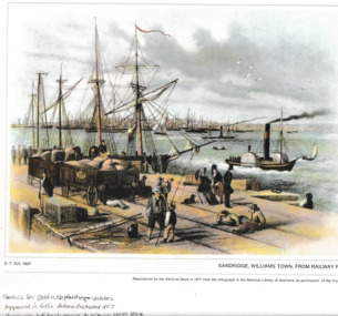 Print, National Bank of Australia, Sandridge, Williams Town, from Railway Pier, 1857