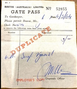 Document - Rootes (Aust) Ltd Gate Pass, 06 Mar 1964