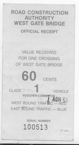 Document - West Gate Bridge Official Receipt 60c