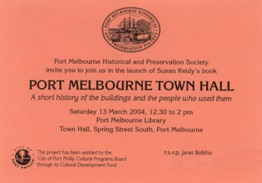 Flyer - PMHPS book launch, Port Melbourne Town Hall, Back, Mar 2004