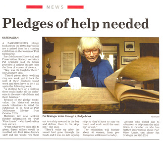 Newspaper - Pat GRAINGER with a Pawnbroker's Pledge Book, 2005