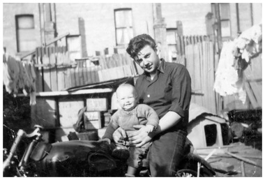 Photograph - Bill Schink with baby sister, Jenny on motor bike, 1960