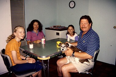 Photograph - At Home in Port, (L to R) Michaela ELLIS, Andrea ELLIS, Rusty (the dog), Simone ALLEN and Garry ALLEN, Robyn Clinch, 16 Mar 2002