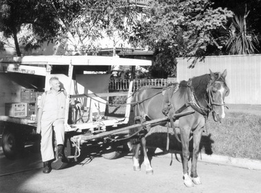 Photograph - Port Melbourne Milkman Claude Butcher with cart and horse in Garden City, late 1970s