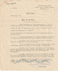 Letter - Myrtle Wale Melbourne University offer, 14 Nov 1924