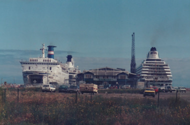 Photograph - Various cruise ships at Station Pier, Port Melbourne. Island Princess, Crystal Harmony, Abel Tasman, Ron Laing, 1986 - 1999