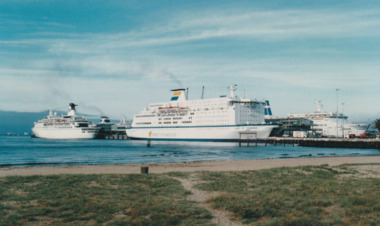 Photograph - Various cruise ships at Station Pier, Port Melbourne. Russ, Island Princess, Spirit of Tasmania & Abel Tasman, Ron Laing, 1986 - 1999
