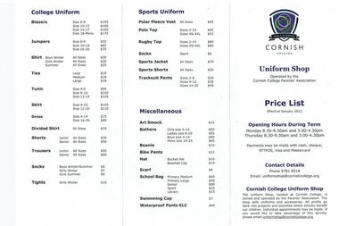 Price List, Cornish College, Uniform Shop Price List, December 2011