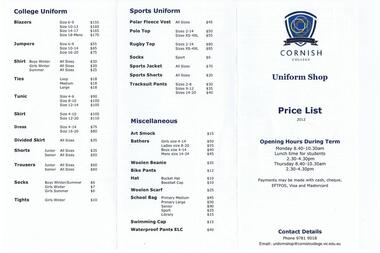 Price List, Cornish College, Uniform Shop Price List, January 2012