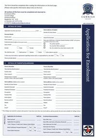 Enrolment Form, Cornish College, Application for Enrolment, January 2012