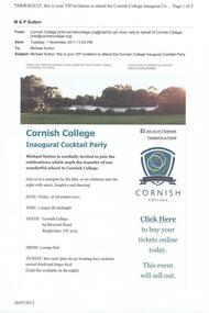 Invitation, cornishcollege.org, Cornish College Inaugural Cocktail Party, 1 November 2011