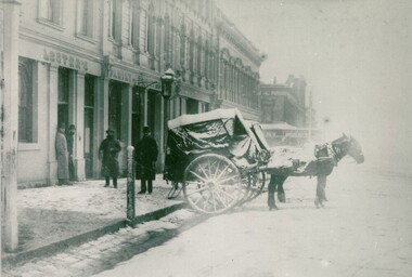 Snow draped horse and cart outside Lester's Hotel