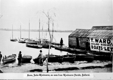 Boat sheds "T. Ward Boats for Let", Lake Wendouree