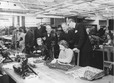 Lucas's new factory after fire May 13th 1945 4th left Bishop Johnston Extreme right manager Mr Gordon Dickson