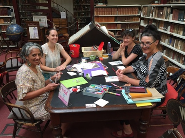 Amy Tsilemanis (curator), Pauline O'Shannessy-Dowling (artist in residence) and guests in the Reading Room at Talking Shop Community Day 2/2/19