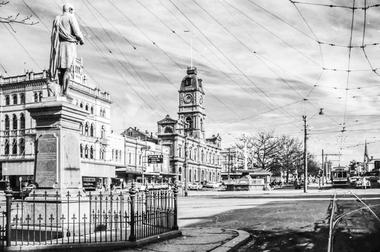 Film - Photograph by Herb Richmond. ca 1971, Burns statue, view W to Ballarat Town Hall