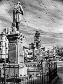 Film - Photograph by Herb Richmond. ca 1971, Burns statue, view W to Ballarat Town Hall