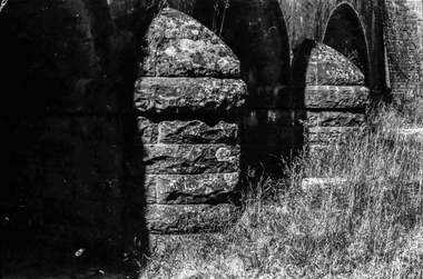 Film - Photograph by Herb Richmond. ca 1971, Creswick- Three Arch Bridge carrying the railway embankment. Two traffic lanes and a waterway. West of Creswick off the road to Bald Hills