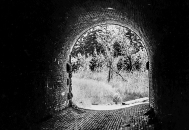 Film - Photograph by Herb Richmond. ca 1971, Creswick- Three Arch Bridge carrying the railway embankment. Two traffic lanes and a waterway. West of Creswick off the road to Bald Hills