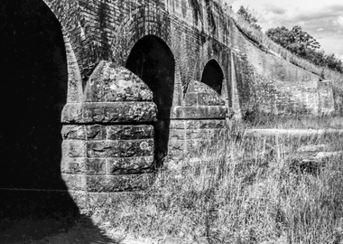 Film - Photograph by Herb Richmond. ca 1971, Creswick- Three Arch Bridge carring the Railway Embankment , Two Traffic Lanes, and a Waterway. West of Creswick off the road to Bald Hills