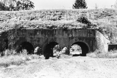 Film - Photograph by Herb Richmond. ca 1971, Creswick- Three Arch Bridge carring the Railway Embankment , Two Traffic Lanes, and a Waterway. West of Creswick off the road to Bald Hills