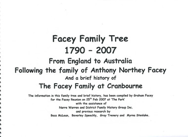 Booklet, Facey Family Tree - 1790 - 2007- From England to Australia