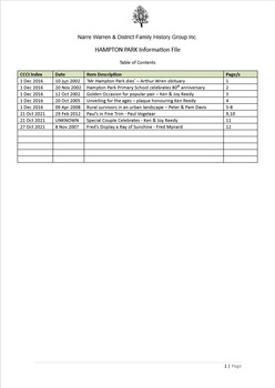 Page 1 list of contents for Hampton Park compilation