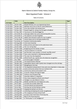 Page 1 list of contents for West Gippsland Trader compilation