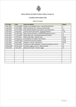 Page 1 list of contents for Cardinia compilation