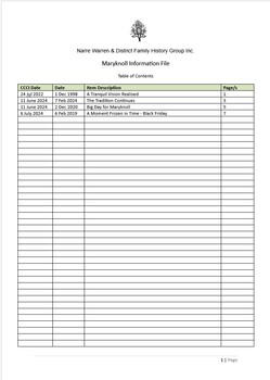 Page 1 list of contents for Maryknoll compilation