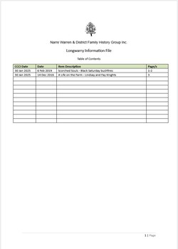 Page 1 list of contents for Longwarry compilation