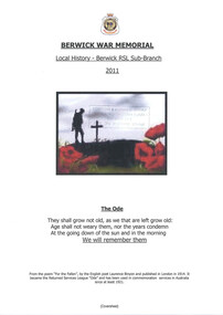 Book, Berwick War memorial. Local History - Berwick R S L Sub-Branch. 2011