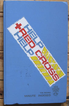 Blue cover minute book with help red cross sticker placed diagonally across the front.