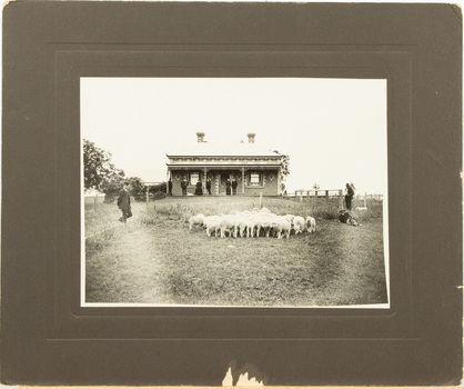 A single fronted brick farmhouse with two chimneys. People are on the front verandah and in the front paddock. There are sheep in the front paddock.