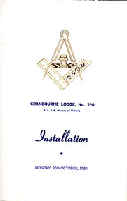 Programme, Installation of Bro. Derek Prosser Cranbourne Lodge No. 290 20th October 1980