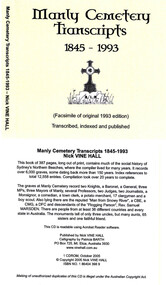 Document, Nick Vine Hall, Manly cemetery transcripts 1845 - 1993, 2005