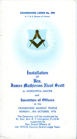 Programme, Installation booklet for Cranbourne Masonic Lodge No 290 18th October 1976