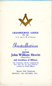 Programme, Cranbourne Masonic Lodge Installation for Bro. John William Hewitt 15th October 1951