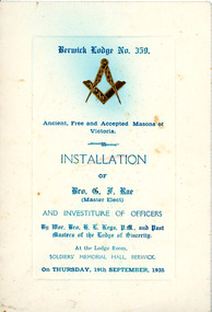 Programme, Berwick  Masonic Lodge no: 359 installation of Bro. G F Rae 19 September 1935