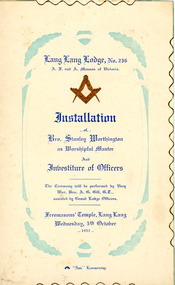 Programme, Masonic Lodge Lang Lang No 236 Installation of Bro. Stanley Worthington dated Wednesday 5th October 1932