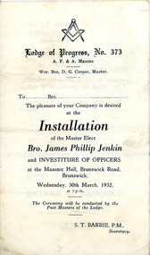 Programme, Lodge of Progress No 373 Brunswick Masonic Hall installation for Bro. James Phillip Jenkin dated 30 March 1932