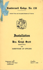 Programme, Freemasons' Hall Camberwell Lodge No 159 Installation program for Bro. Leigh Scott Tuesday March 7 1933
