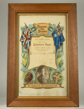 Framed certificate for returned soldier.