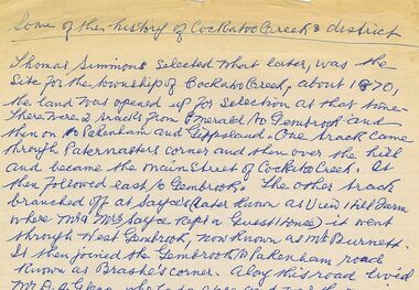 Letter, History of Cockatoo Creek and District by Myrtle Grayson