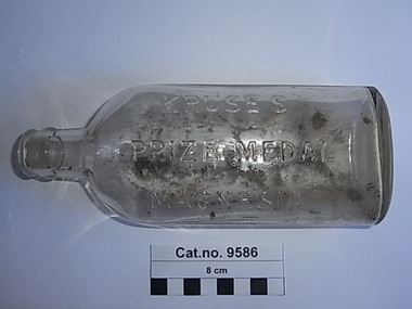 Bottle, glass, c 1929-1950's ref: AGM mark on bottle base