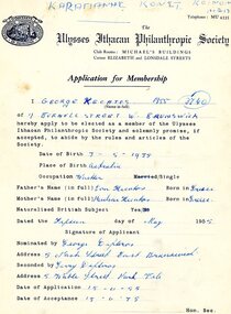 Administrative record, Ithacan Philanthropic Society Membership Application Form, 1955